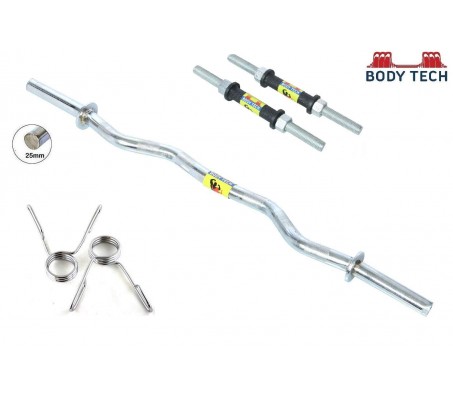 Body Tech Combo of 4ft Curl Bar 25mm and 1 Pair Steel Dumbbells Rod 14" with 2 Spring Locks 